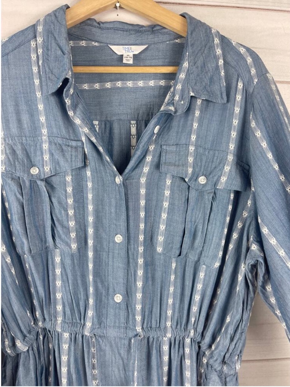 Time and Tru Soft Chambray Utility Shirt Dress in blue with white stripes - Picture 3 of 4